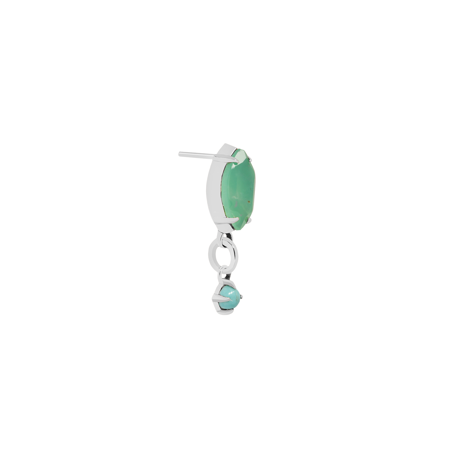 White gold cartilage earring with green and blue gems