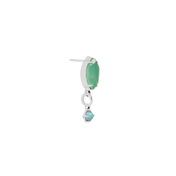 White gold cartilage earring with green and blue gems