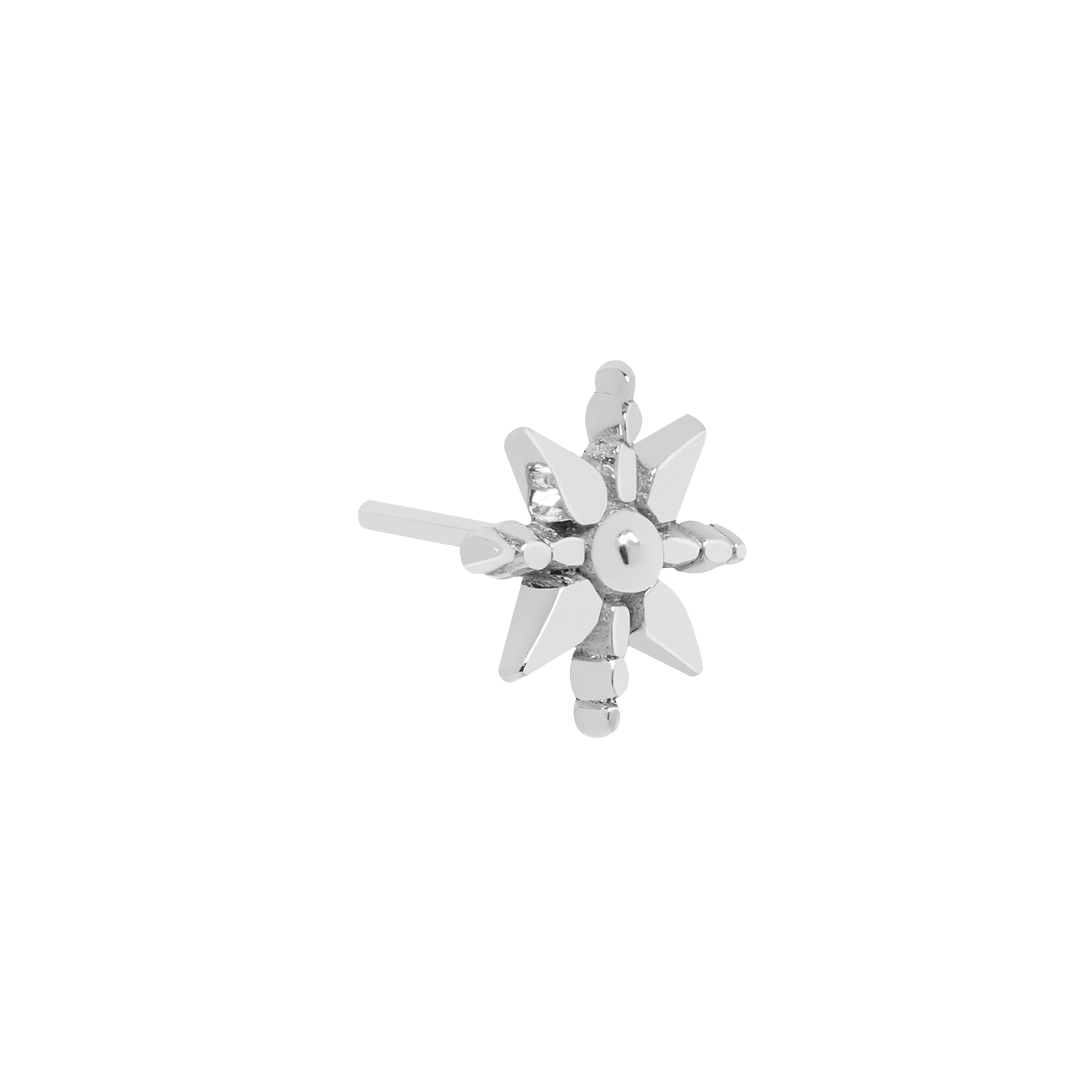 Side view of geometric flower threadless topper pin body jewelry for flatback posts