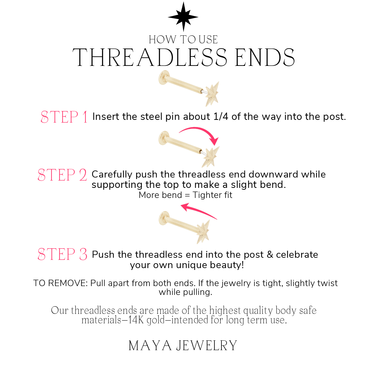 Step by step guide on how to use push pin earring top and backings, how to bend threadless pin with images